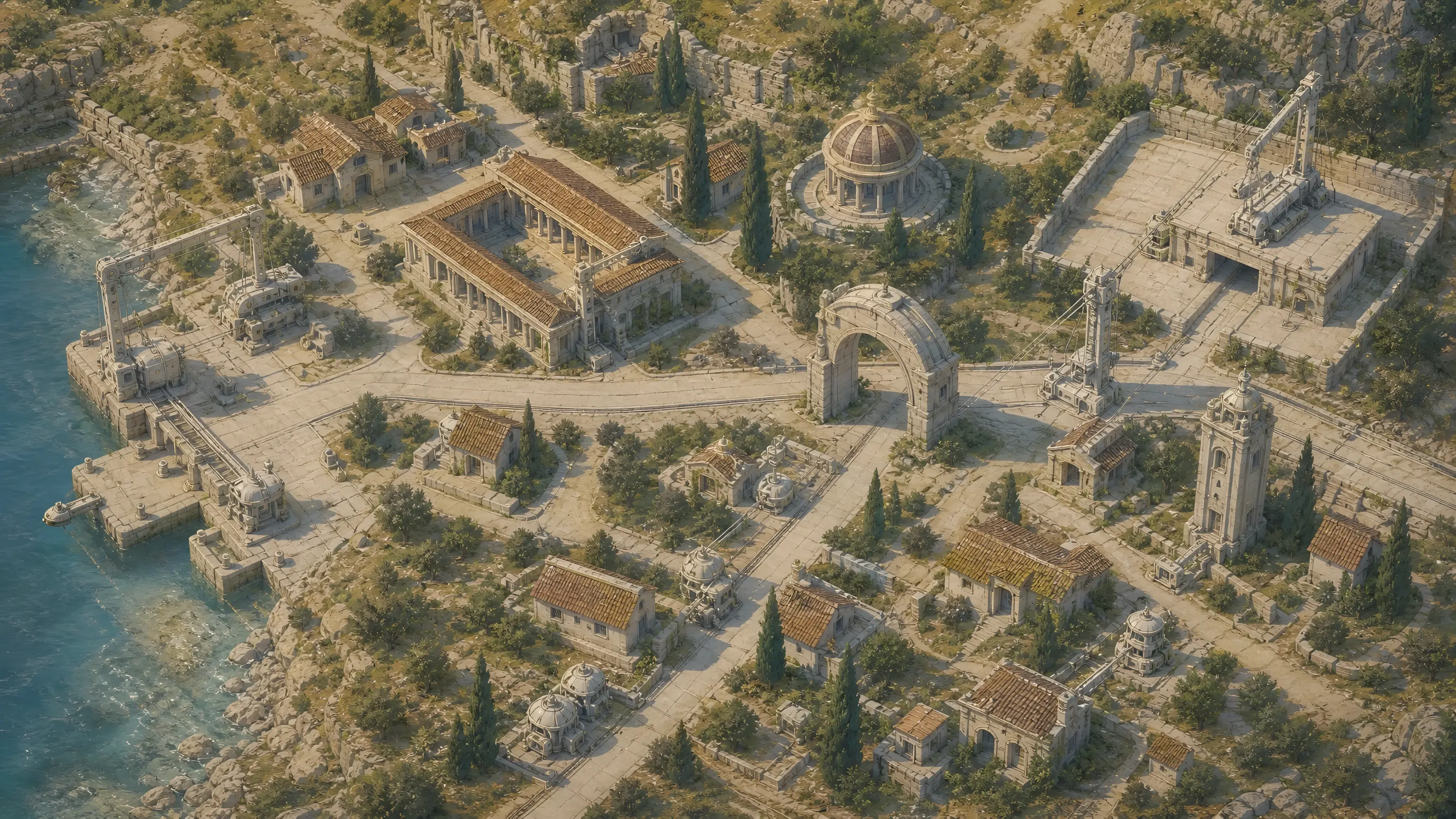 The settlement seen from above: a quay on the water, a colonnaded hall, a domed rotunda, an arched gate across the road, a warehouse yard and a watchtower.
